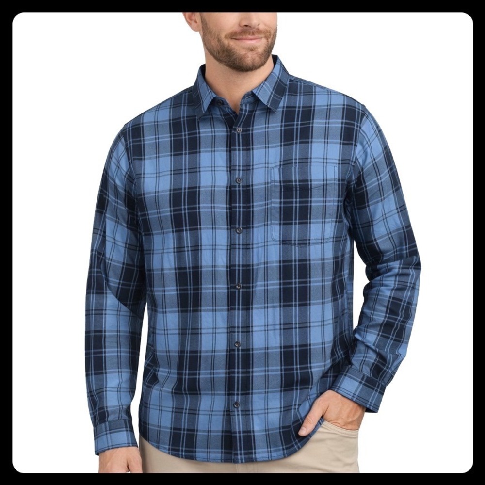 Vince Classic Fit Plaid Button Up Shirt Men XL Blue Cotton Rayon Long Sleeve